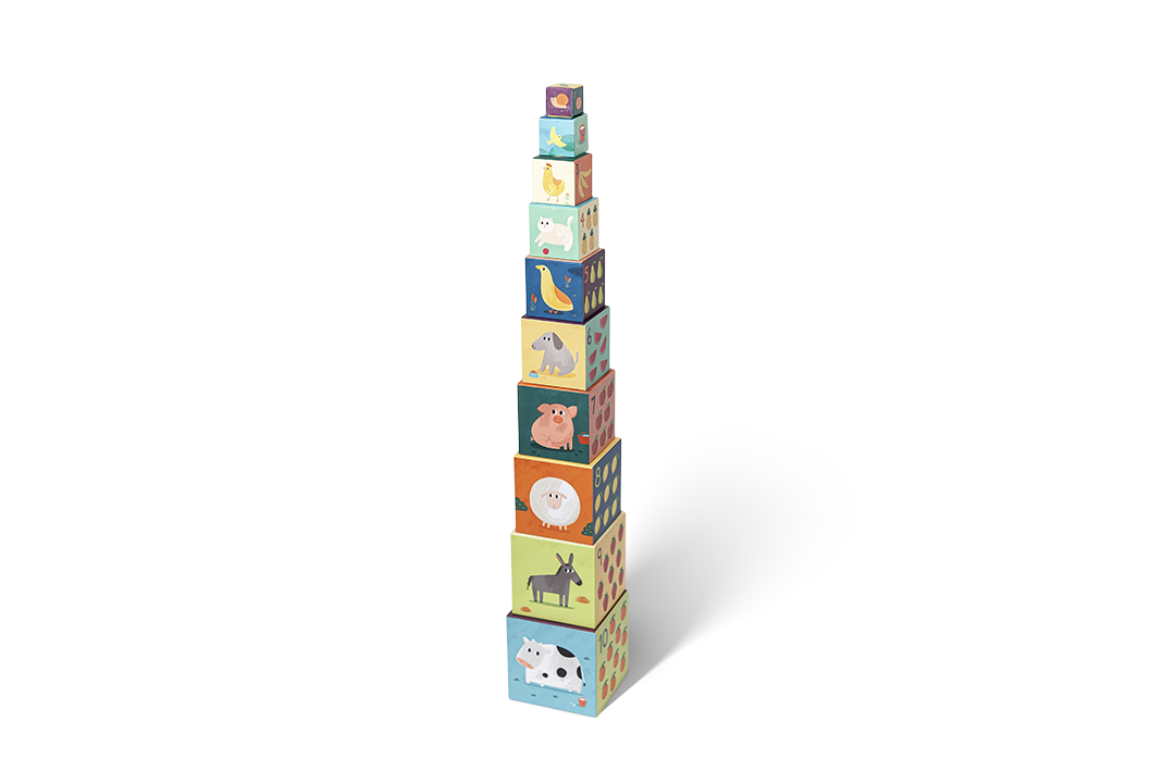 Blocos empilháveis de papel/cartão com animais e textos em inglês