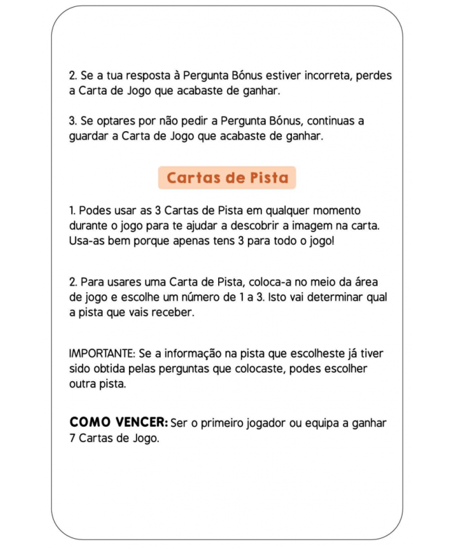 Carta de jogo com regras e instruções em português.