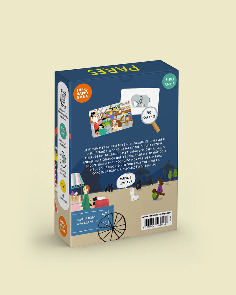 Pacote de jogo de cartas azul escuro com ilustrações coloridas e texto em português