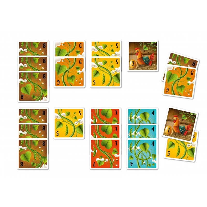 Cartas de jogo com temas de plantas e galinhas em fundo branco