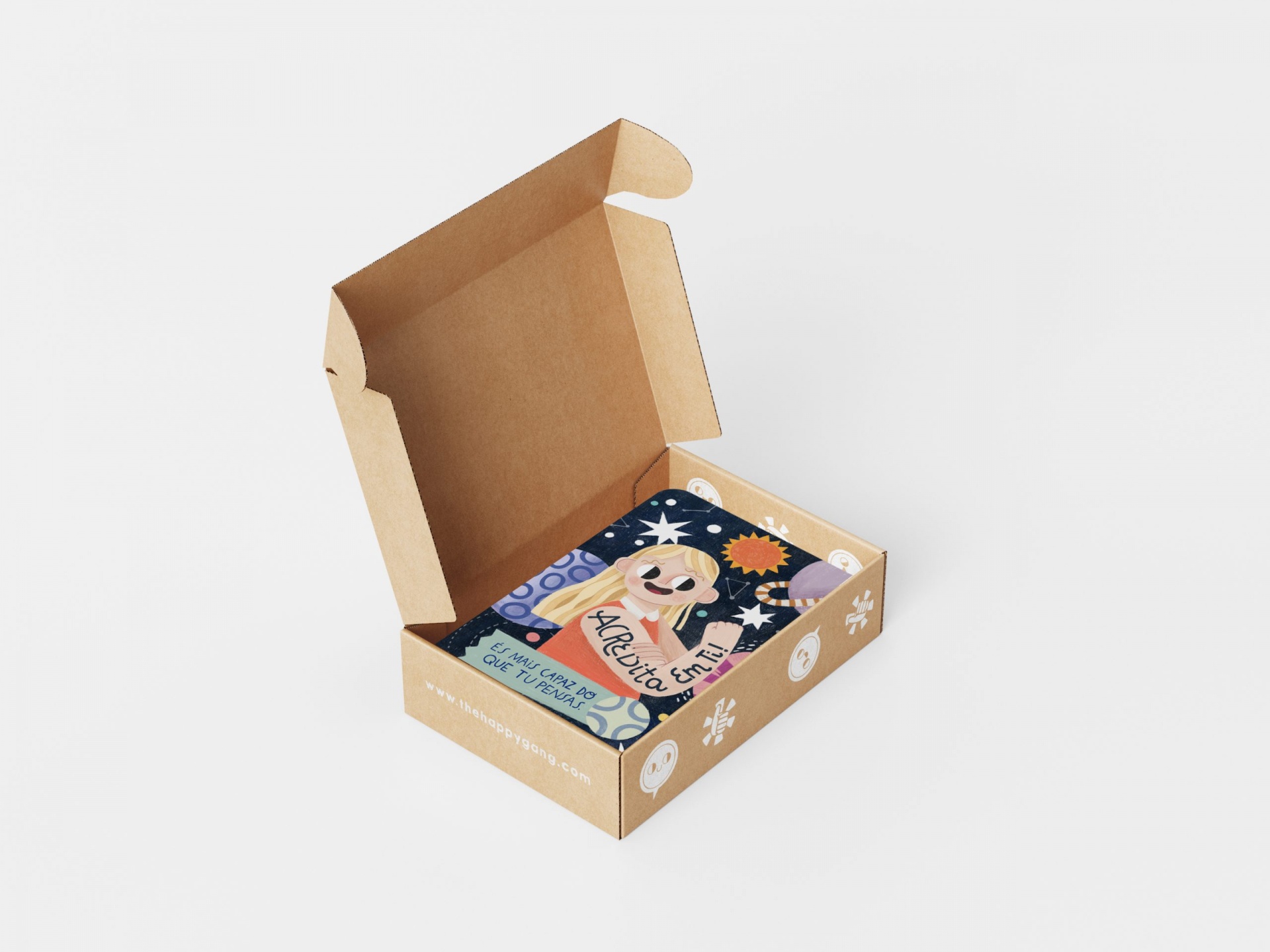 Caixa de cartão aberta com ilustração colorida e texto 