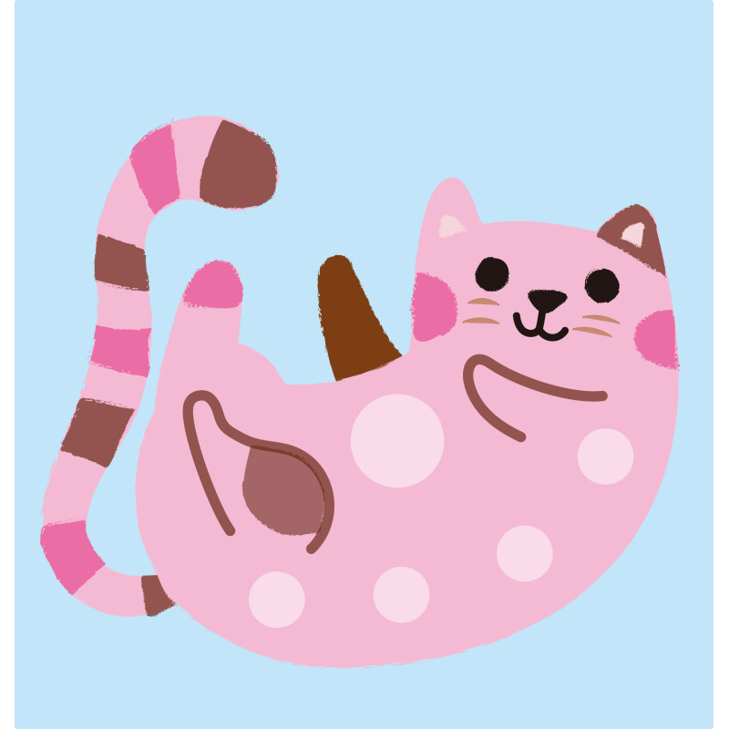 Ilustração de gato cor-de-rosa com manchas e cauda riscada
