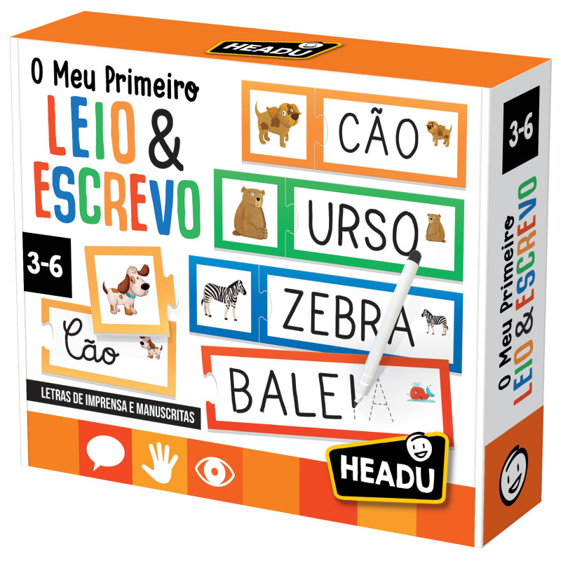 Caixa de jogo educativo O Meu Primeiro Leio & Escrevo com peças de puzzle e palavras em português
