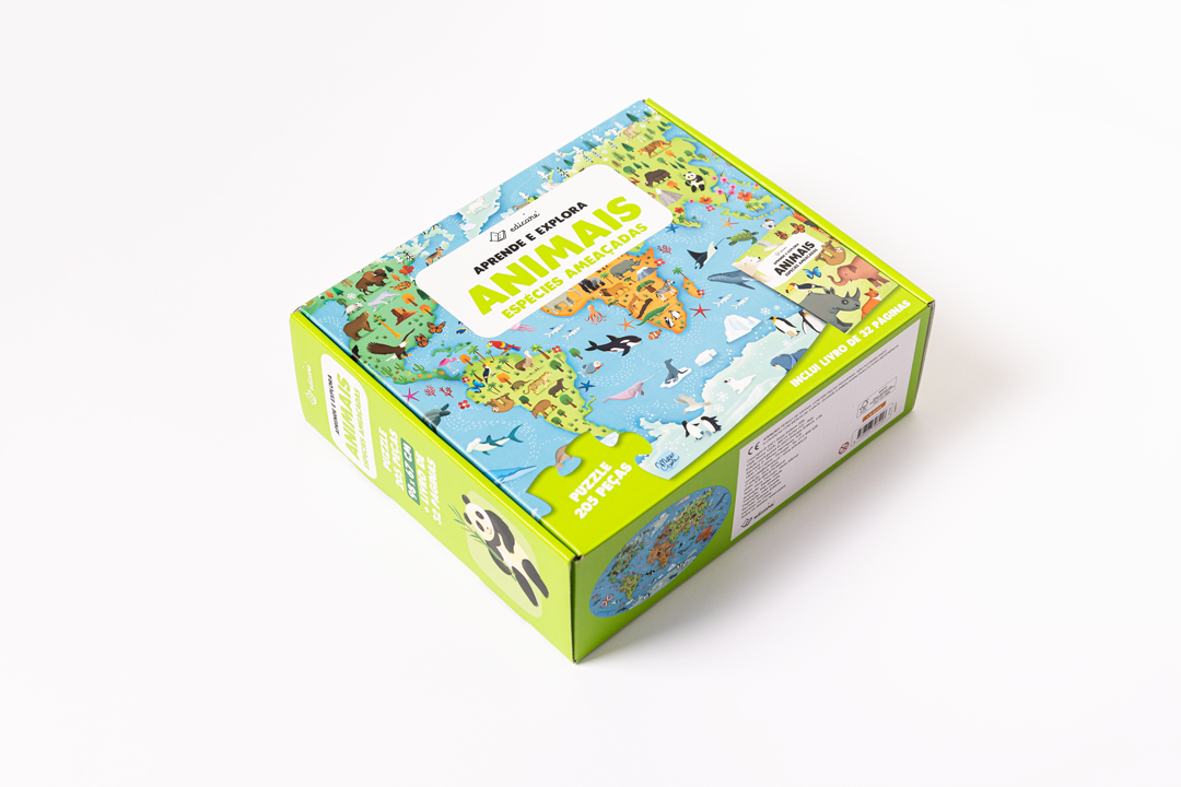 Caixa de jogo educativo de cartas com tema de animais e mapa-múndi