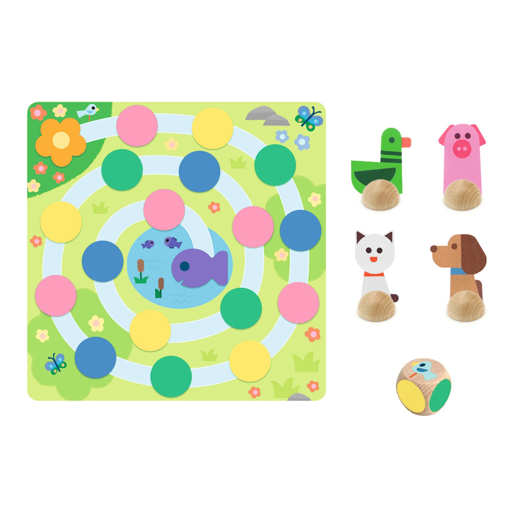 Jogo infantil de tabuleiro com figuras de animais em madeira