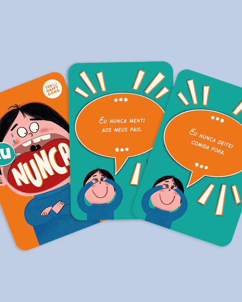 Cartas de um jogo com frases em português e ilustrações de personagens em fundo laranja e verde.