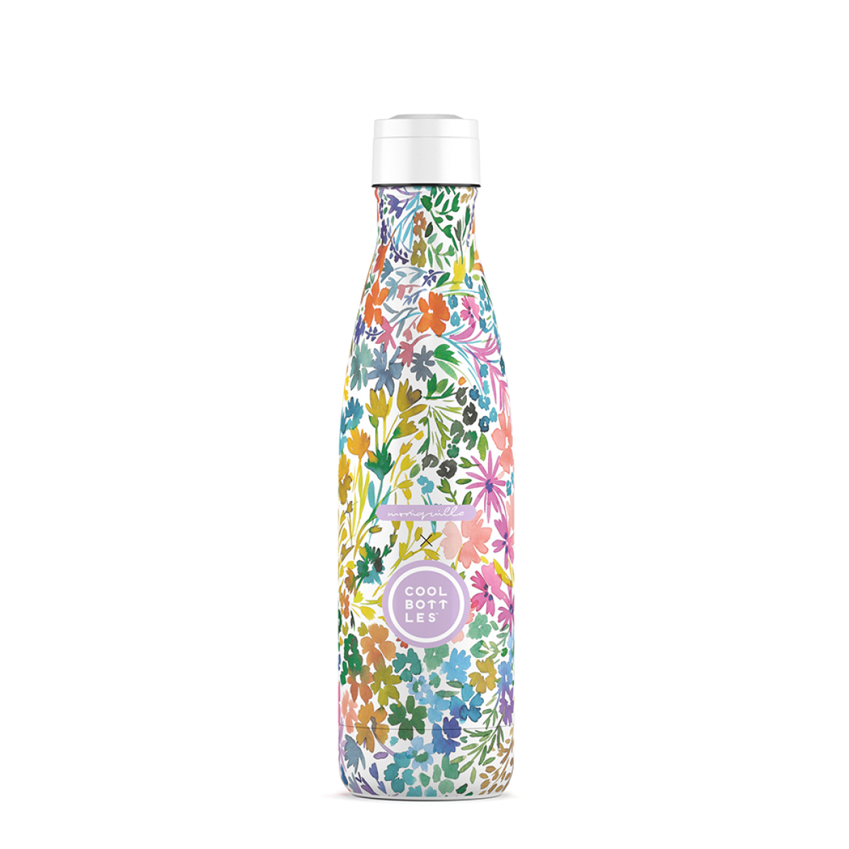 Garrafa térmica floral com tampa branca e rótulos mariguilla e COOL BOTTLES