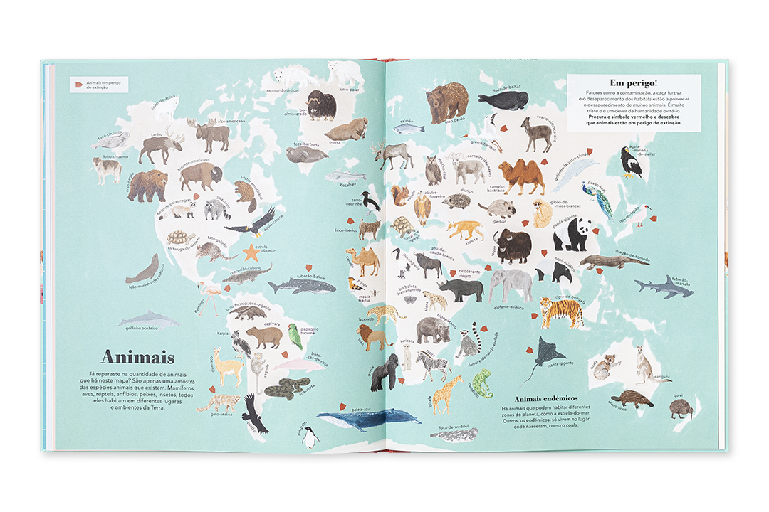 Mapa-múndi ilustrado com vários animais e texto em português numa página aberta de livro
