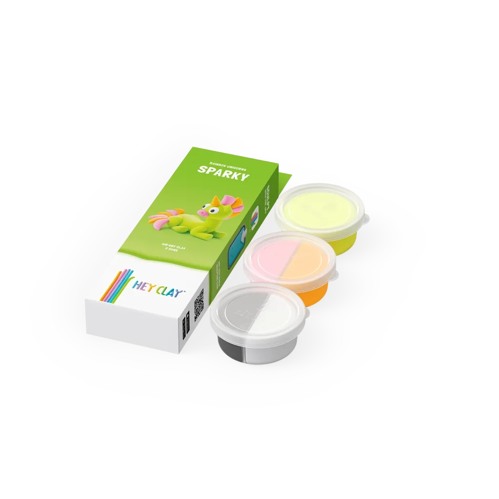 Conjunto de modelagem Hey Clay com três potes de massa colorida e caixa com unicórnio