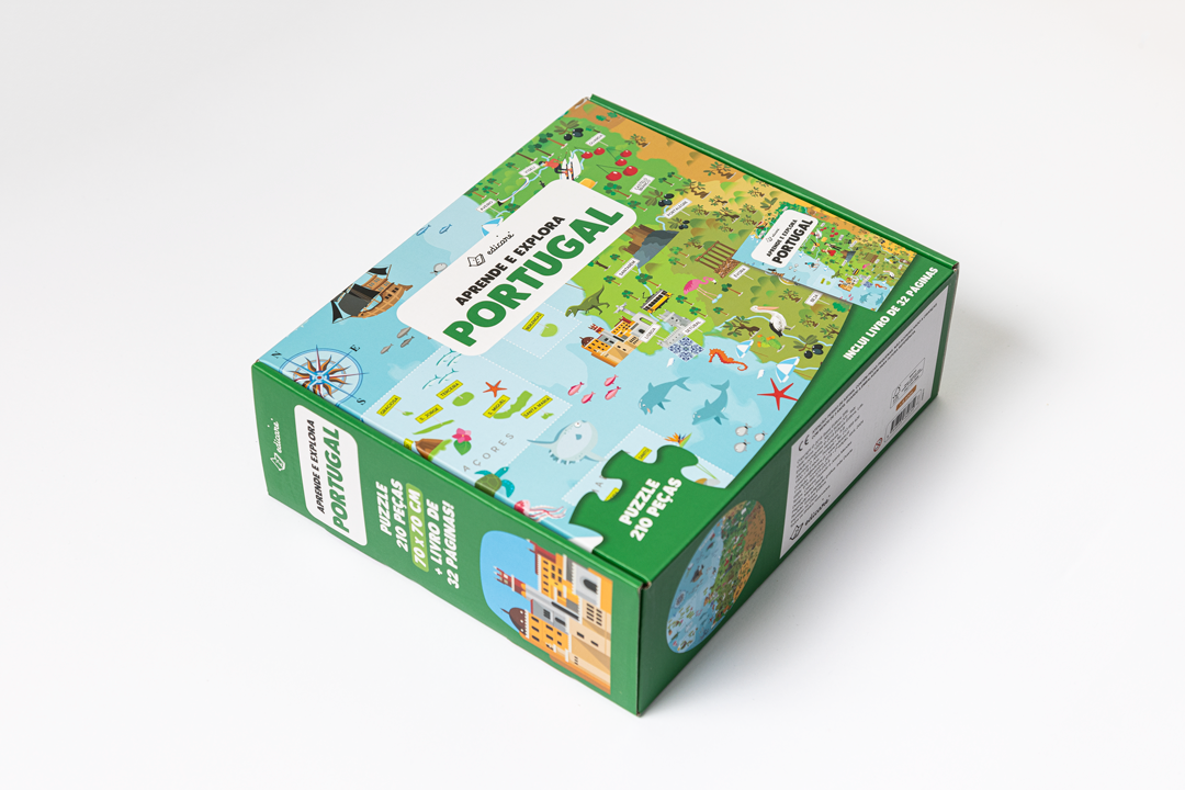Caixa colorida de puzzle THE PUZZLE OF PORTUGAL com mapa ilustrado de Portugal