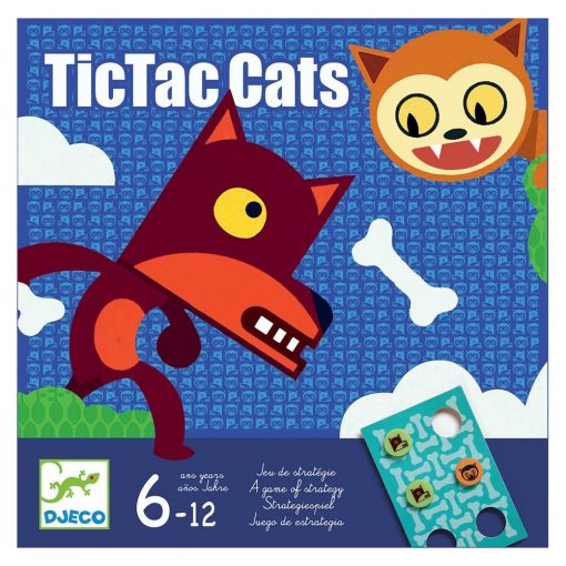 Caixa de jogo TicTac Cats com desenhos de gatos e peças de jogo.