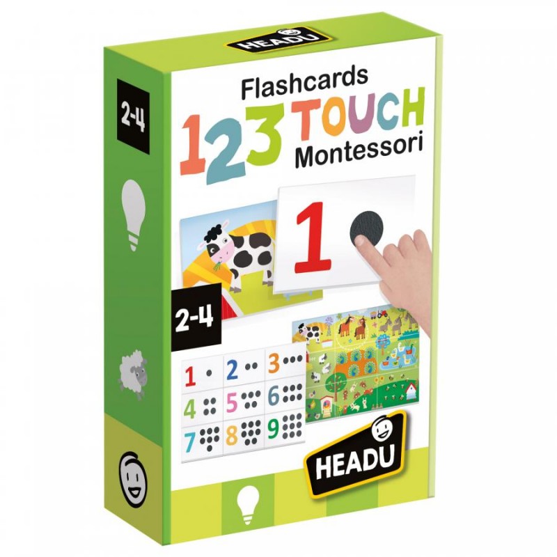 Conjunto de flashcards Montessori para crianças com números e imagens de animais