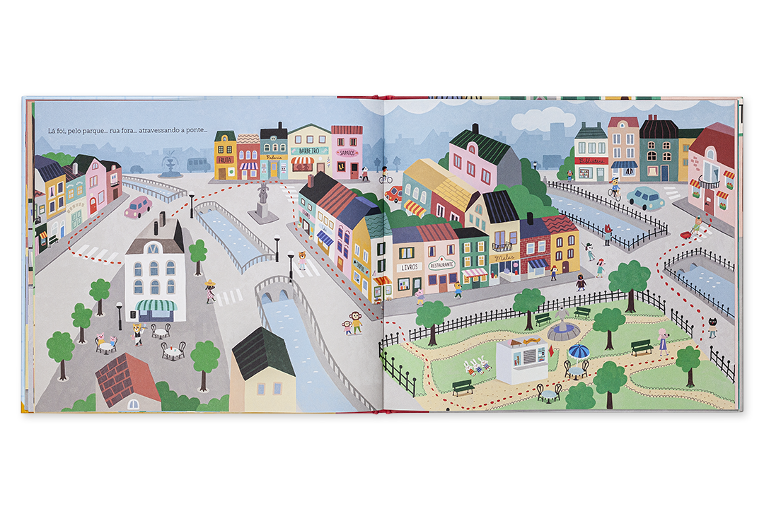 Ilustração colorida de uma vila com casas, parque, pessoas e texto em português no canto superior esquerdo