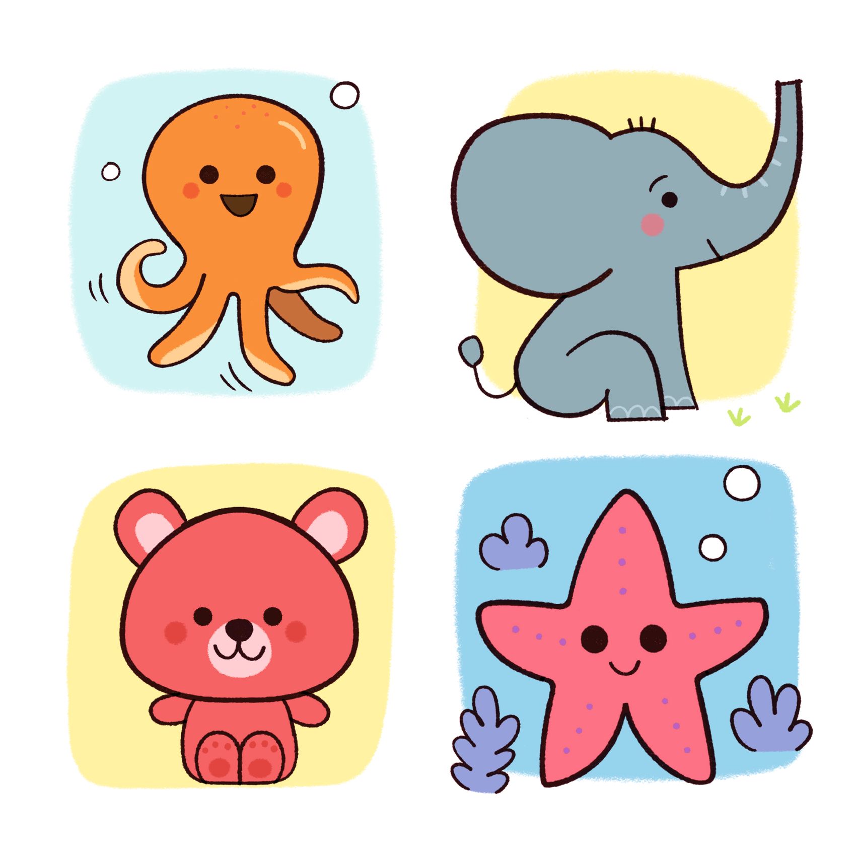 Ilustração de quatro animais de desenho animado coloridos: polvo, elefante, urso e estrela-do-mar.