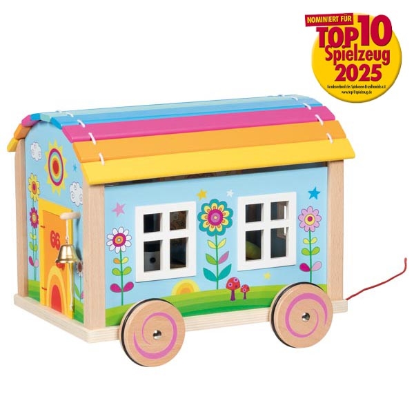 Brinquedo de madeira em forma de casa móvel colorida com rodas e cordão para puxar