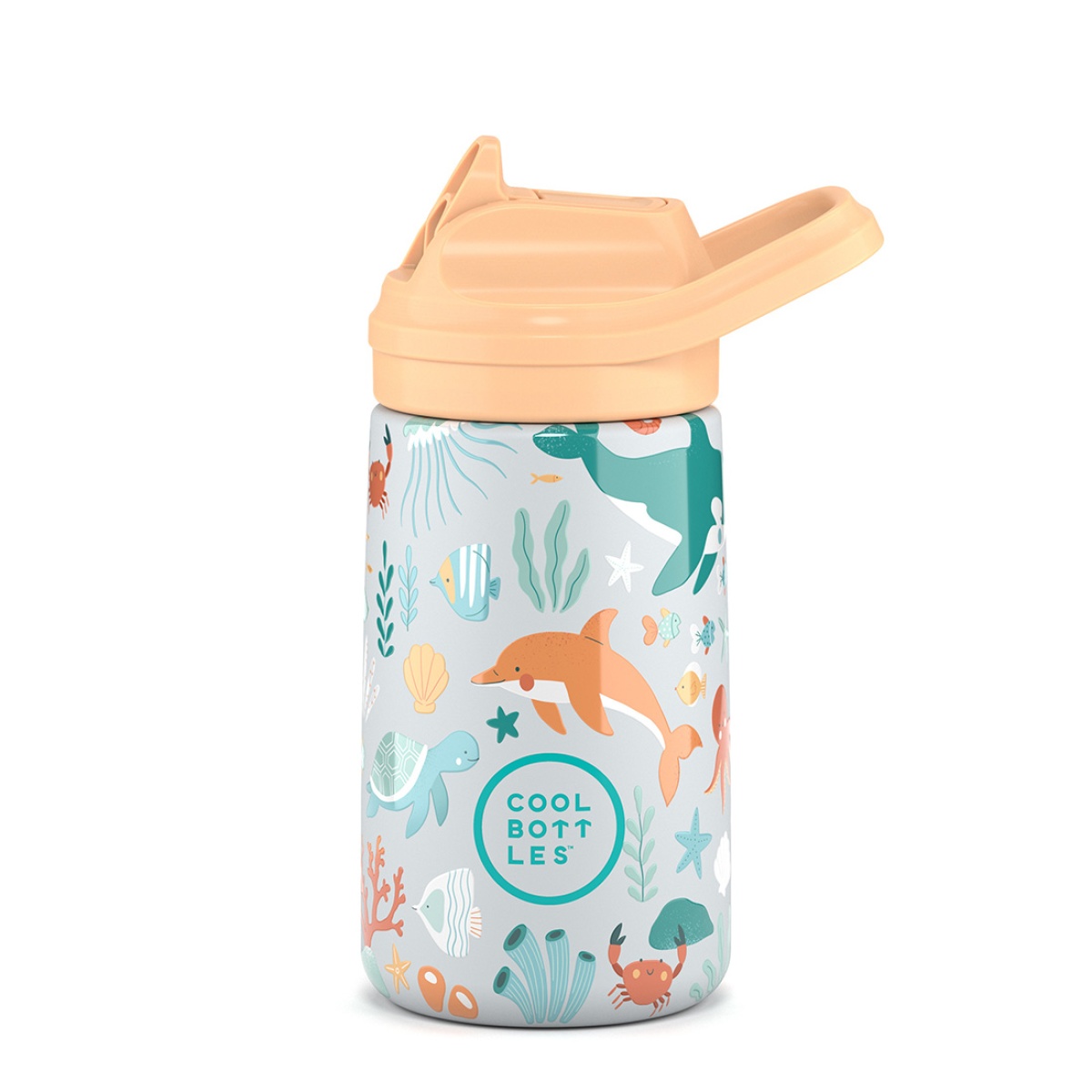 Garrafa de água infantil com decoração marinha e texto COOLD BOTTLES