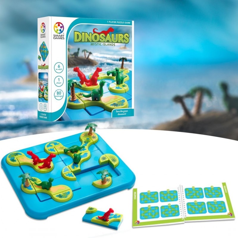 Jogo de tabuleiro com peças coloridas e figuras de dinossauros e manual aberto