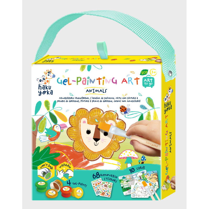 Caixa de conjunto para pintar com alça azul e ilustração de leão colorido