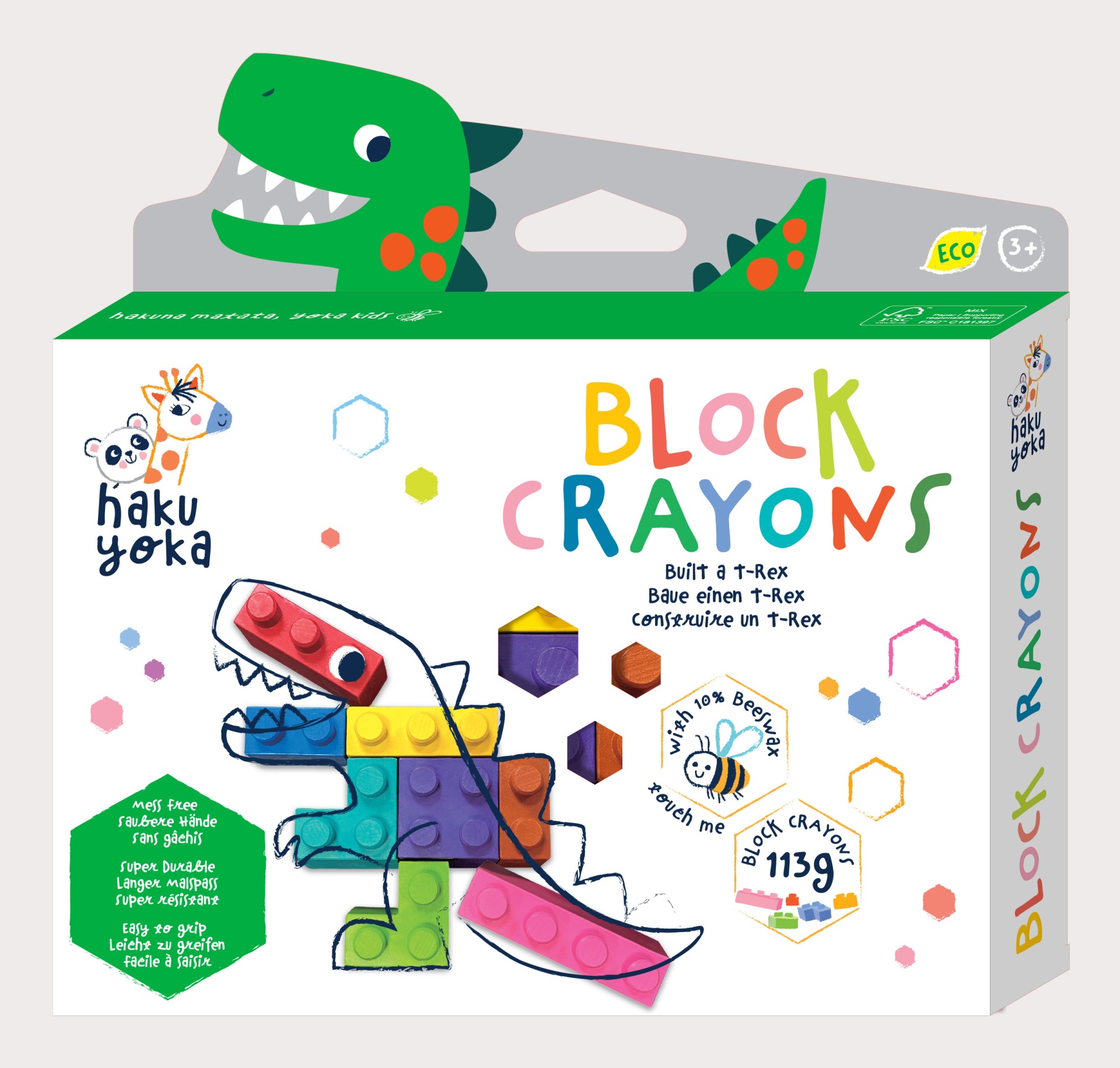 Caixa de giz de cera Block Crayons com desenho de T-Rex colorido