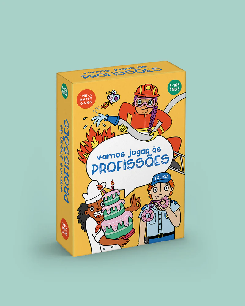 Embalagem amarela de jogo educativo sobre profissões com desenhos de bombeira, chefe de cozinha e polícia.