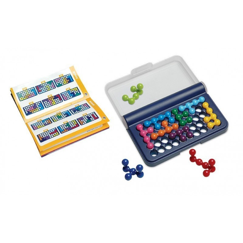 Jogo de tabuleiro de lógica com peças coloridas e livrinho de desafios