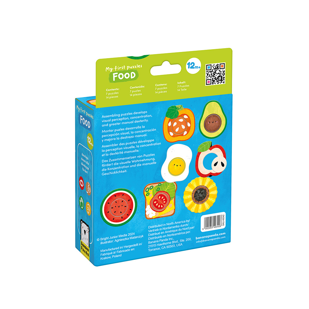 Caixa de puzzle infantil com imagens de alimentos coloridos e texto informativo.