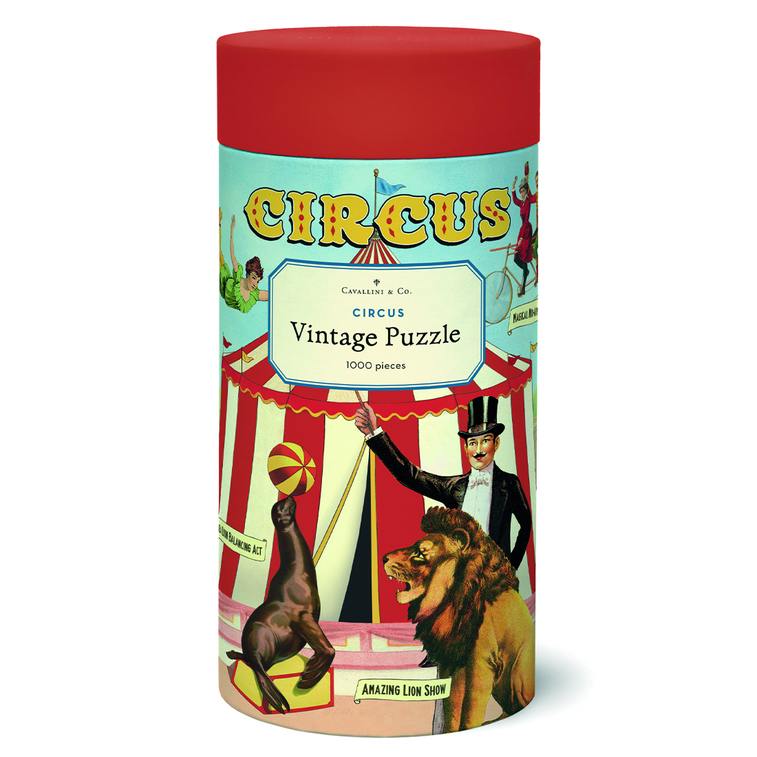 Caixa cilíndrica de puzzle vintage com tema circo, com tampa vermelha e ilustrações coloridas de animais e homem com cartola.