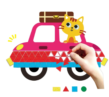 Carro rosa ilustrado com gato na janela e autocolantes coloridos sendo aplicados