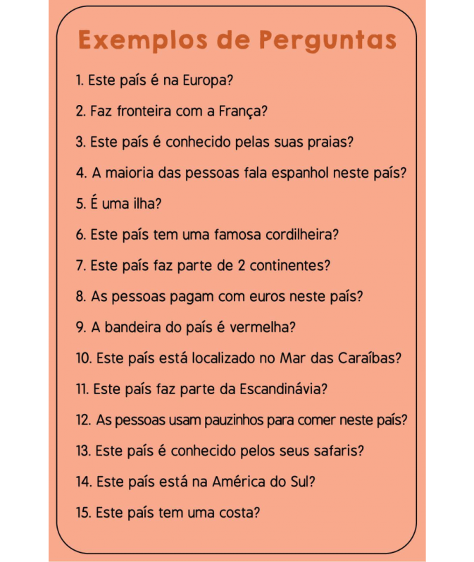 Cartaz laranja com perguntas numeradas em português sobre países e geografia