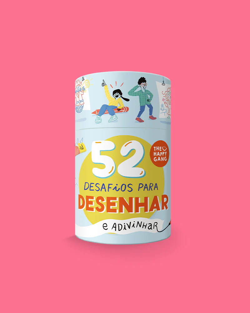 Embalagem cilíndrica com desafios para desenhar com ilustrações coloridas e texto em português