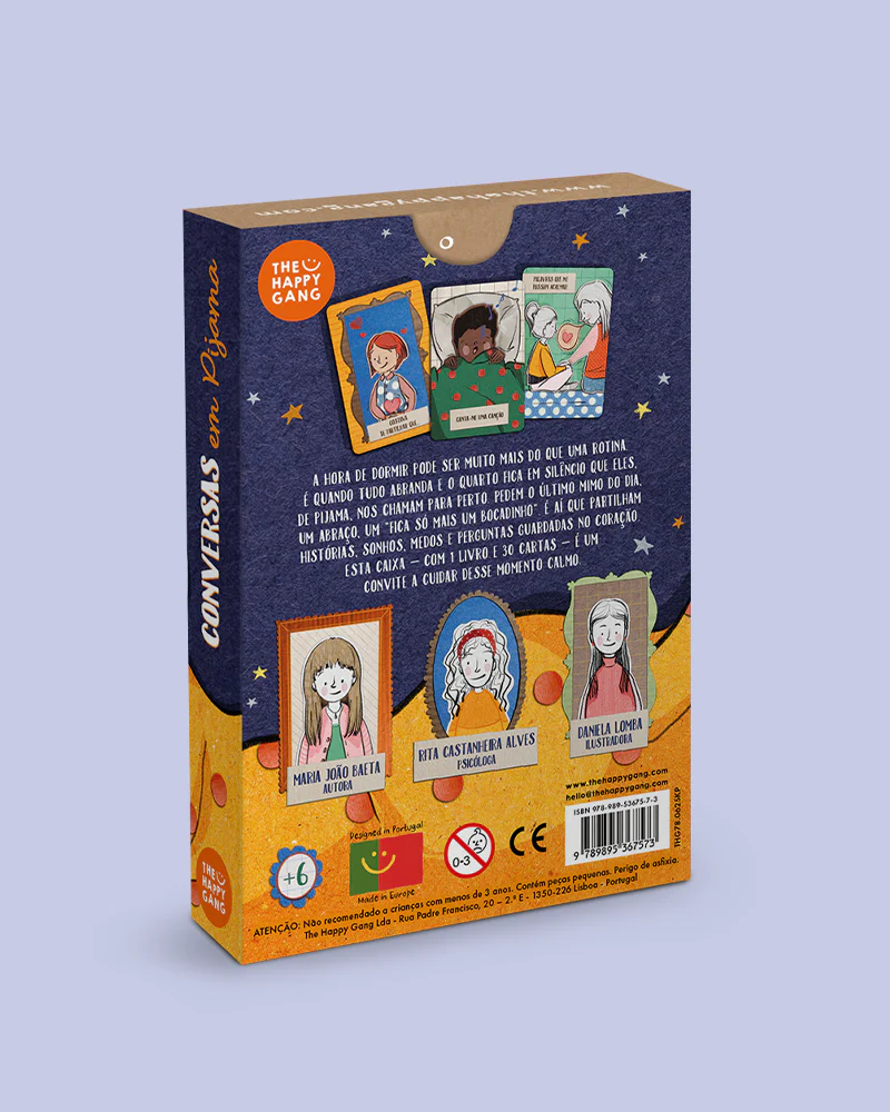 Caixa de jogo Conversas em Pijama da marca The Happy Gang com ilustrações coloridas e texto em português