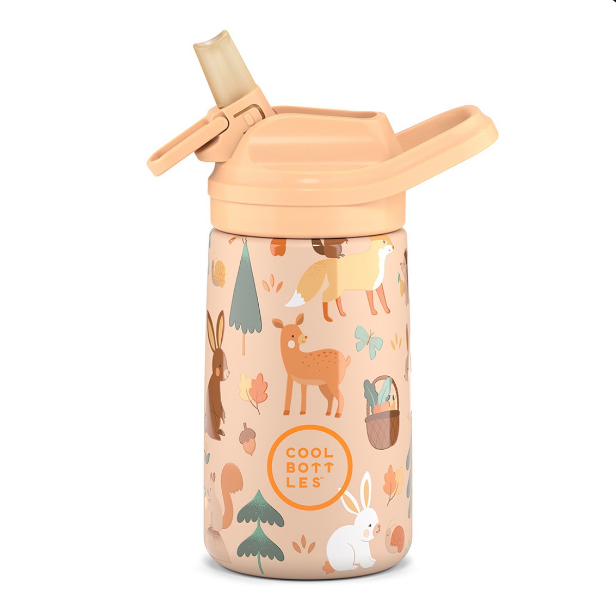 Garrafa infantil com tampa pêssego e ilustrações de animais da floresta