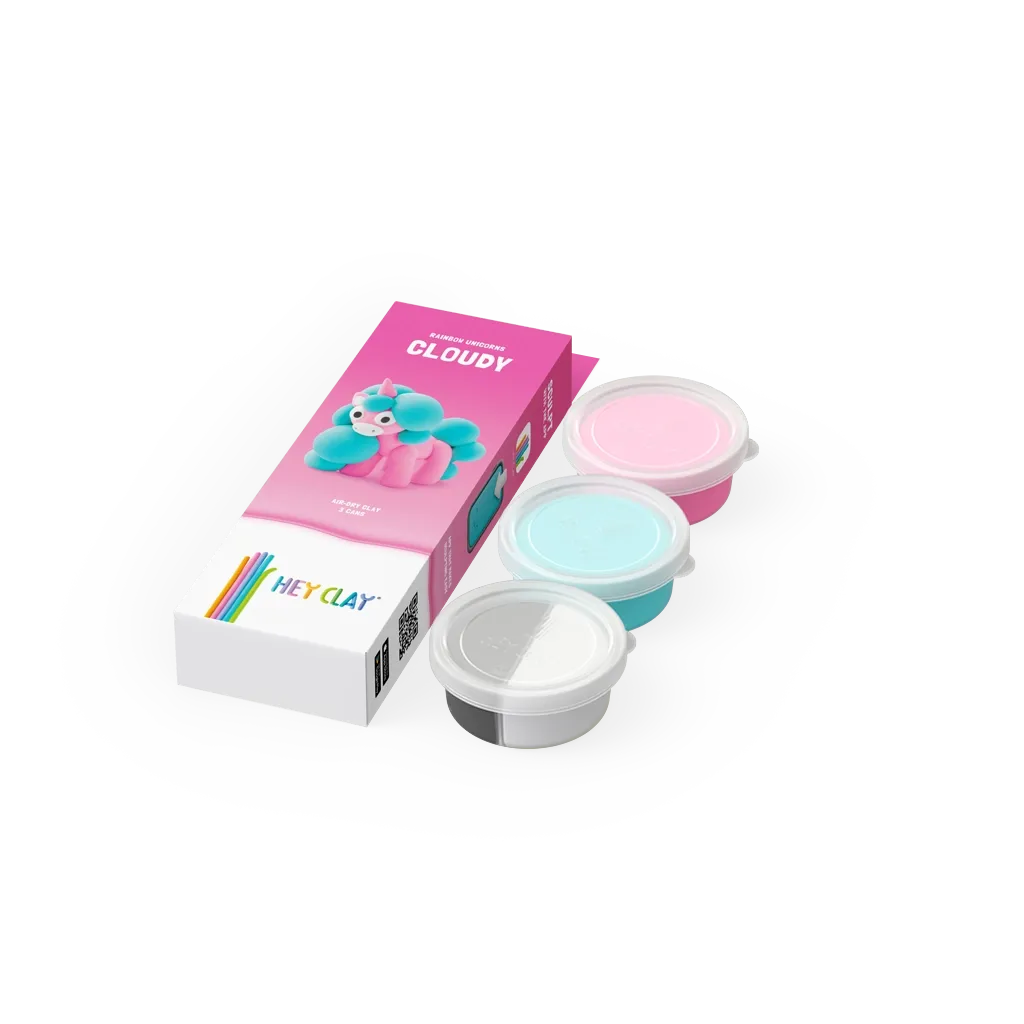 Conjunto de massa de modelar HEY CLAY com três potes coloridos e embalagem rosa com unicórnio.