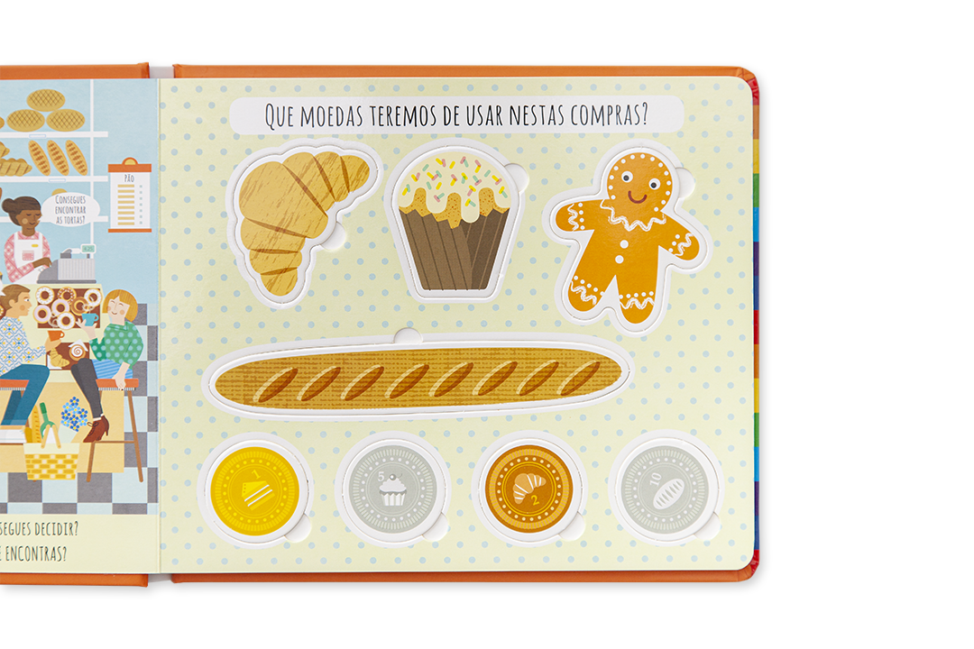 Página colorida de livro infantil com desenho de bolos e moedas e texto em português.