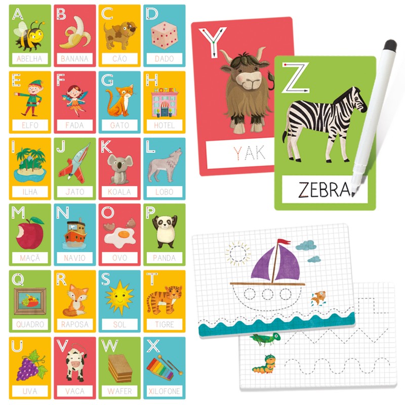 Cartas do alfabeto com imagens e palavras em português, quadro branco com caneta e desenho infantil de barco em papel quadriculado.