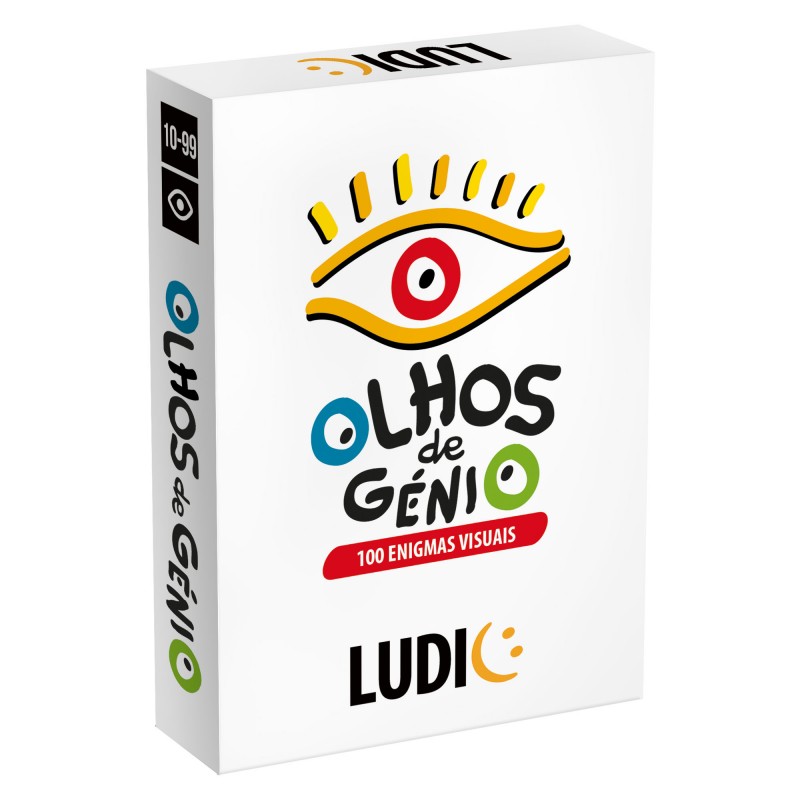 Caixa de jogo 'Olhos de Génio' com desenho de um olho e texto '100 ENIGMAS VISUAIS'