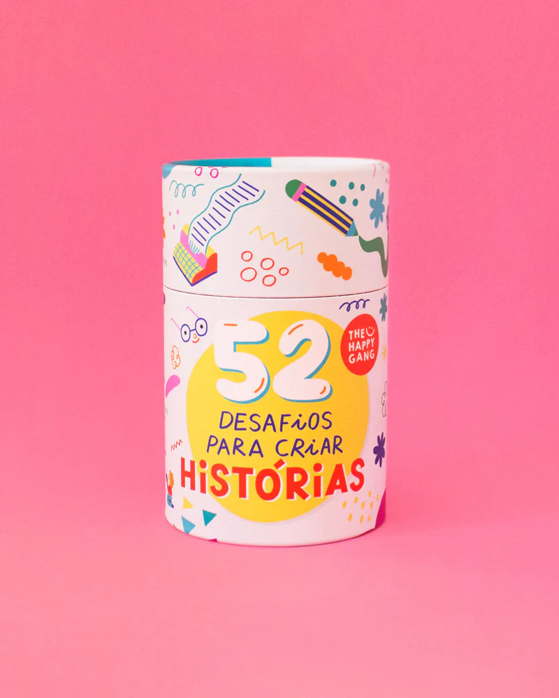 Embalagem cilíndrica colorida com texto 52 desafios para criar histórias