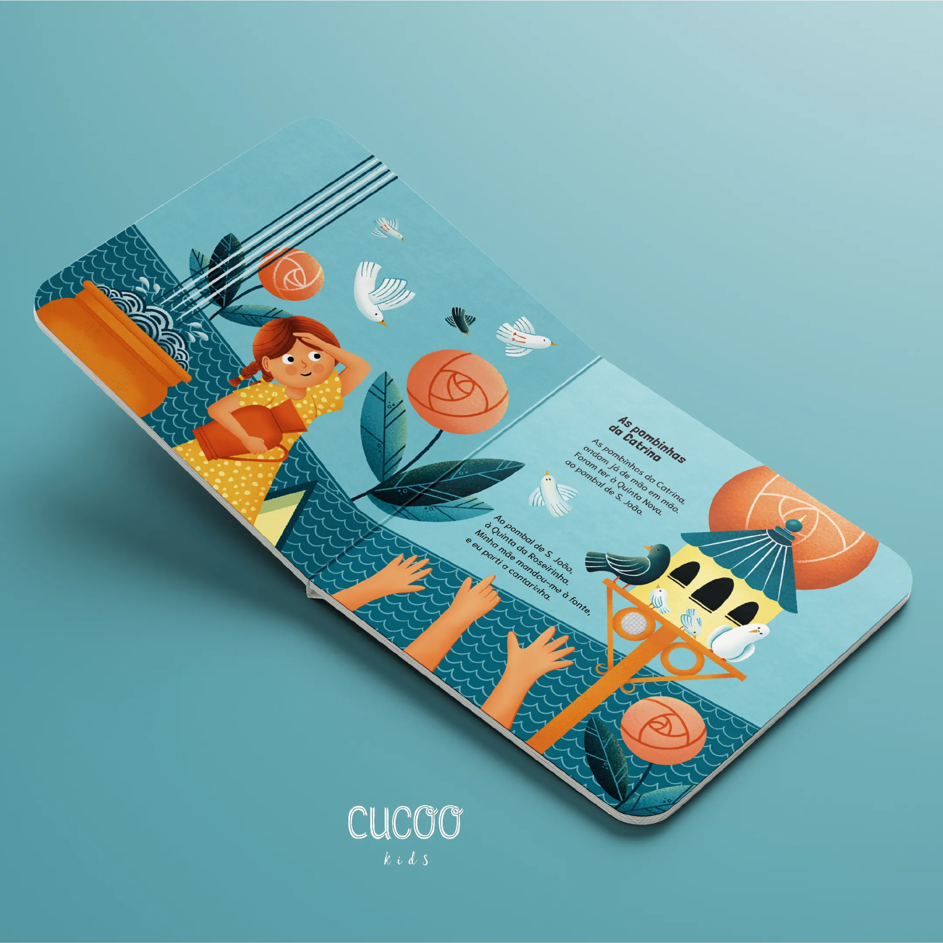 Livro infantil ilustrado com criança e pombinhas em fundo azul