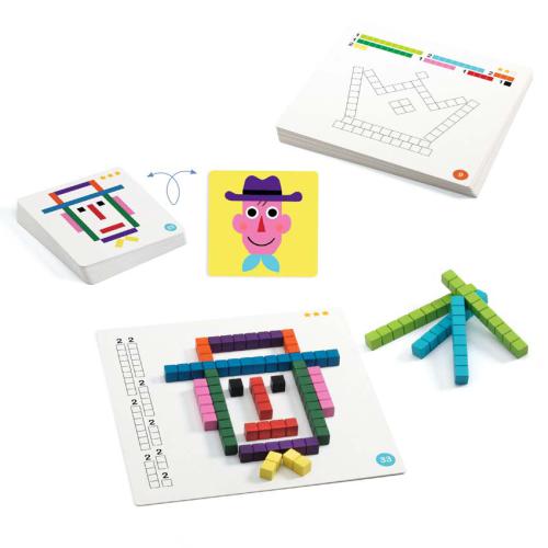 Jogo de blocos coloridos de madeira para formar rostos em tabuleiros de instruções