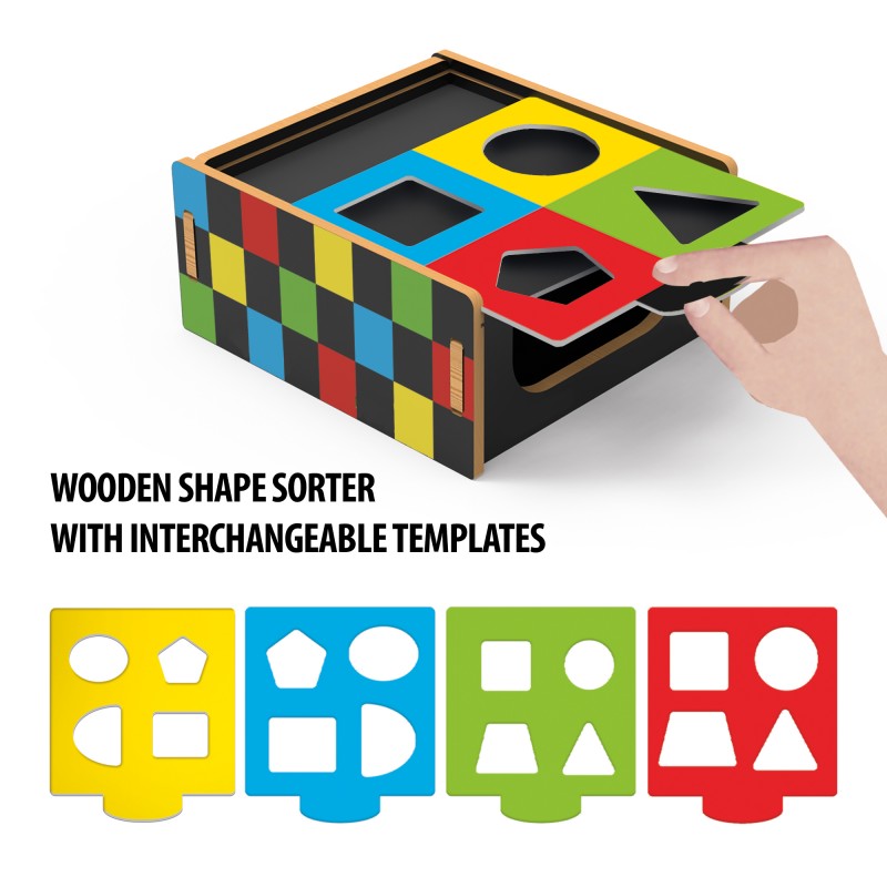 Brinquedo de encaixe de formas em madeira com templates coloridos intercambiáveis
