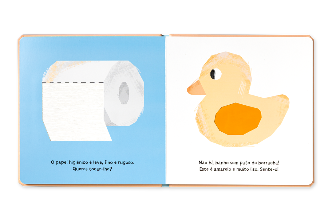 Livro infantil aberto a mostrar um rolo de papel higiénico e um pato de borracha amarelo com texto em português