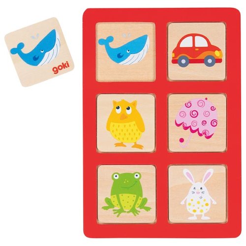 Jogo de memória de madeira com imagens de animais e carro