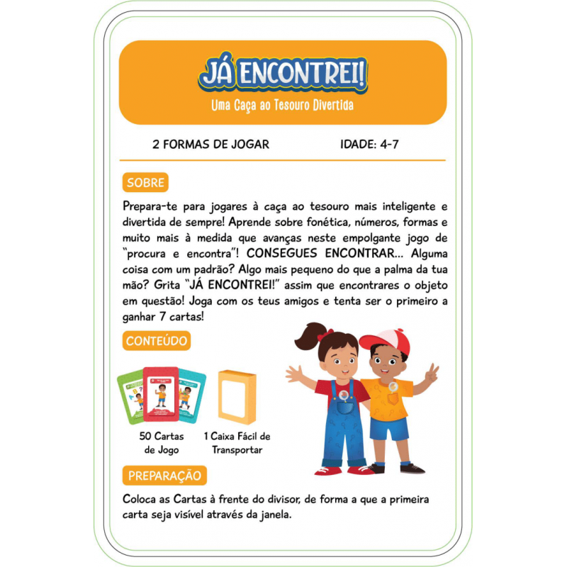 Cartão com texto e ilustração de crianças do jogo 'Já Encontrei!'