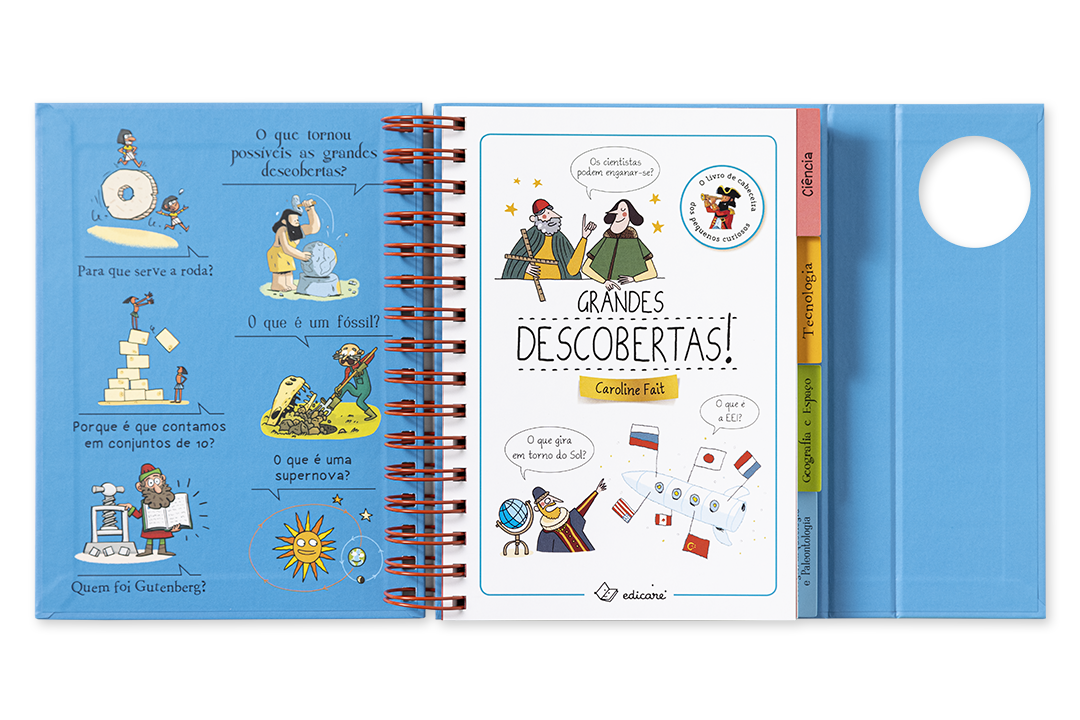 Livro em espiral 'Grandes Descobertas!' com capa protetora azul e ilustrações coloridas.
