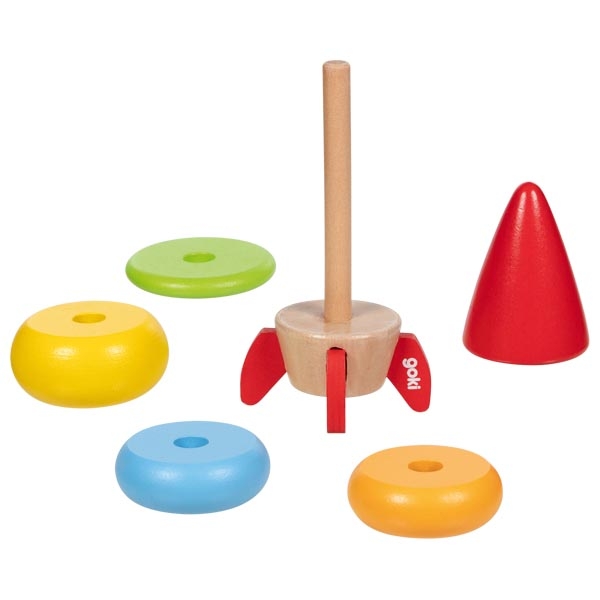 Brinquedo de empilhar peças coloridas em madeira com base e cone vermelho