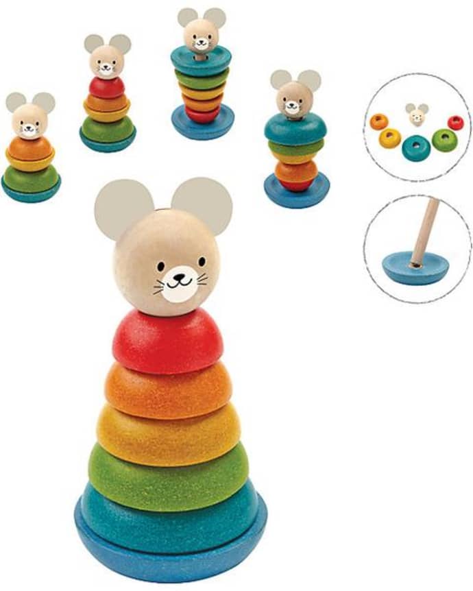 Brinquedo empilhável de madeira colorida com cabeça de urso como topo