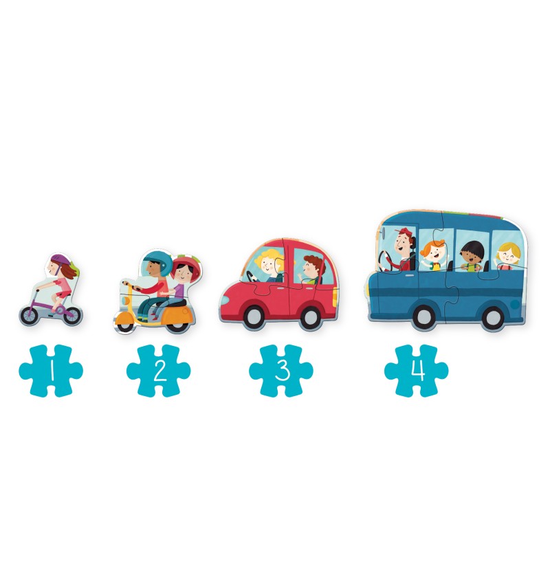 Conjunto de quatro puzzles infantis com meios de transporte coloridos e numerados.