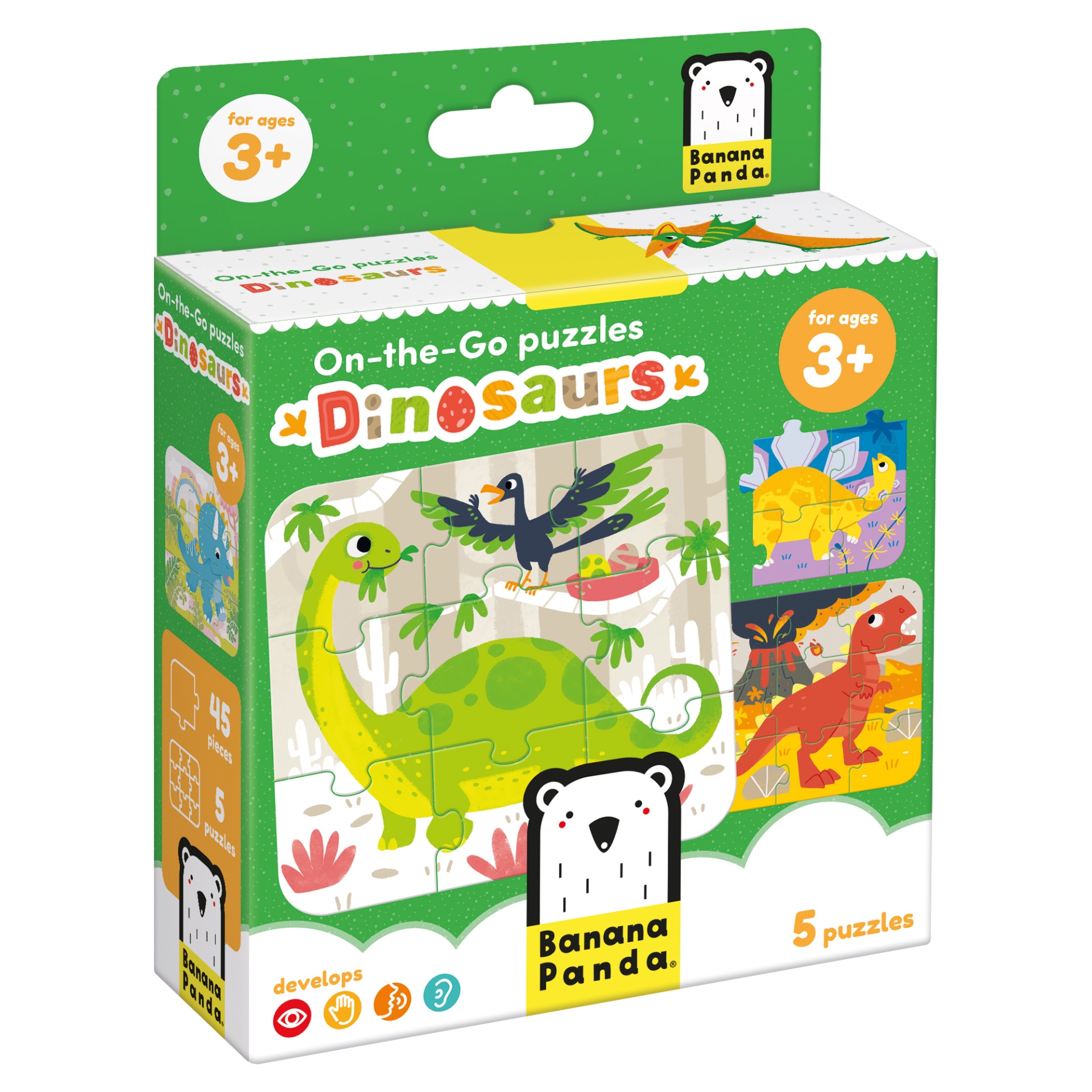 Caixa de puzzle infantil Dinosaurs com dinossauros coloridos e marca Banana Panda