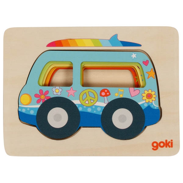 Quebra-cabeças de madeira colorido em forma de carrinha com decoração hippie