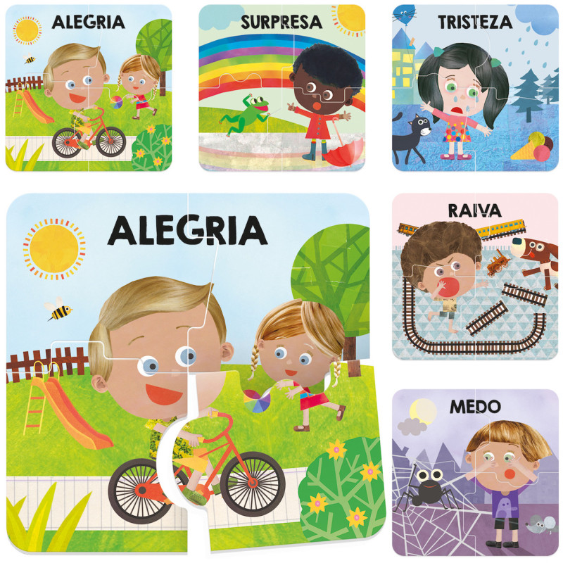 Peças de puzzle infantis ilustrando emoções com crianças e animais coloridos.